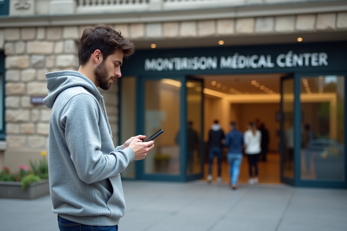 Jeune homme vérifiant horaires du centre médical Montbrison