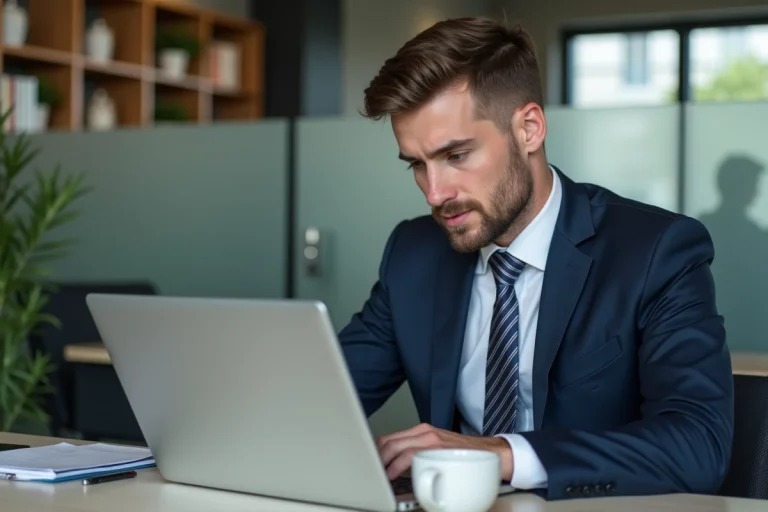 Jeune homme en costume dans un espace coworking moderne
