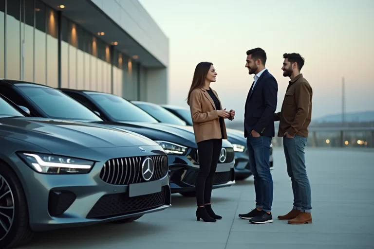 Groupe de jeunes adultes devant voitures neuves en showroom