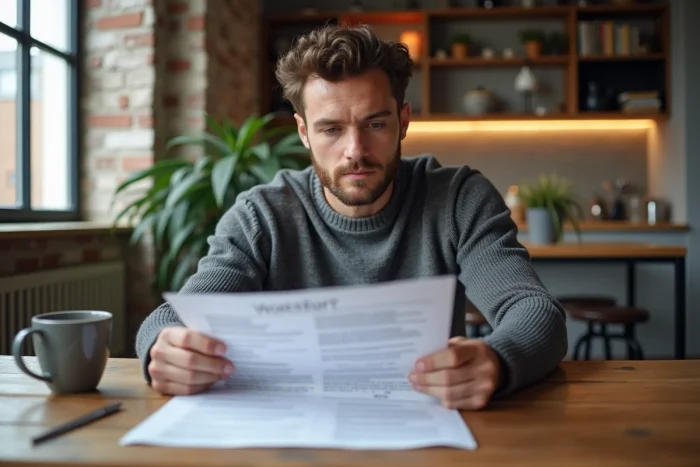Homme lisant attentivement un contrat immobilier à domicile avant de signer