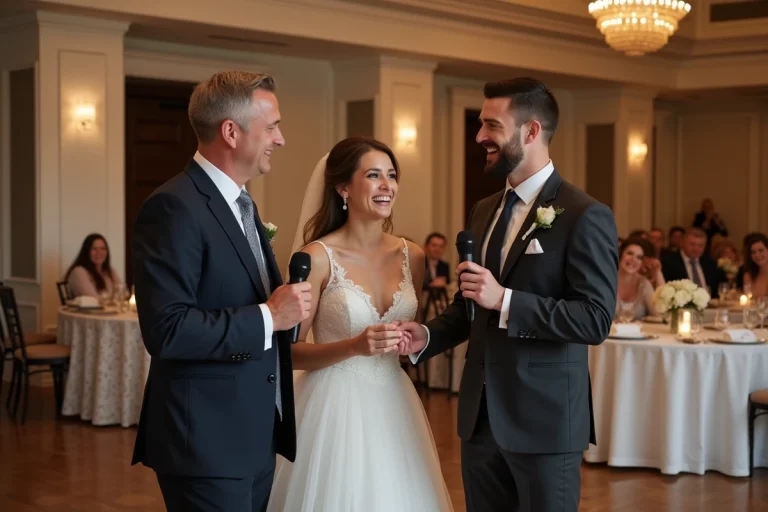 Mariage joyeux avec mariée et marié riant lors de la réception