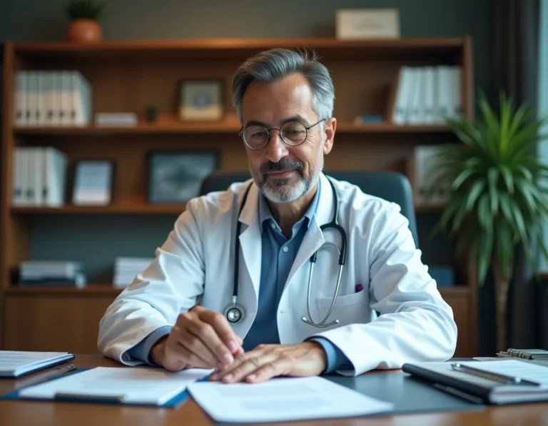 Médecin étranger vérifiant ses documents de qualification médicale dans un bureau administratif d'hôpital français