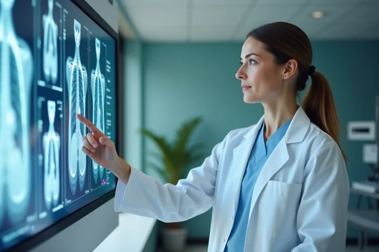 Medecin femme en salle moderne examine des scans pulmonaires
