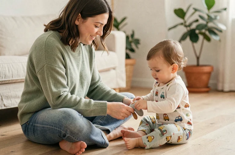 Mère et enfant en bas âge jouant ensemble dans un salon chaleureux, illustrant un avis parental sur la marque Jolis Mômes