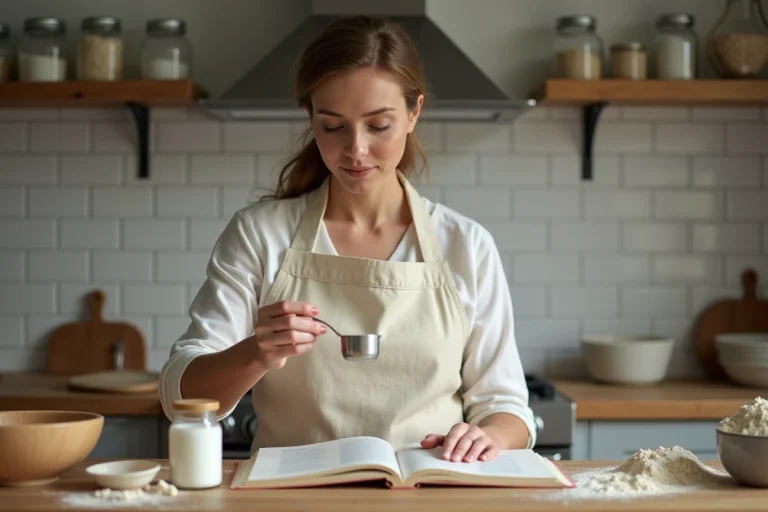 Femme mesurant précisément la levure chimique avec une cuillère à café dans une cuisine rustique en bois