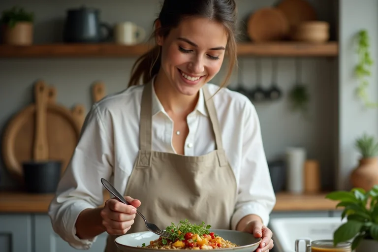 Femme préparant un bowl végétarien coloré avec légumes rôtis et tahini dans une cuisine moderne en bois clair