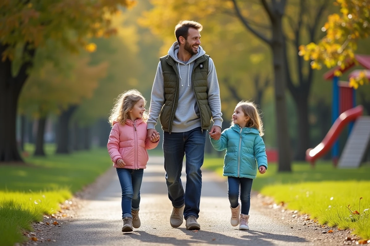 Père marchant avec ses filles dans un parc en plein air