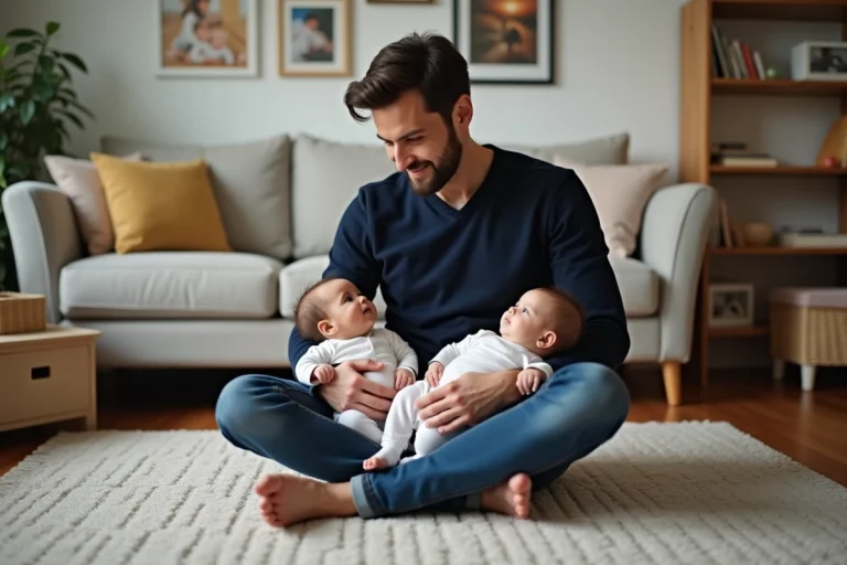 Père souriant avec ses jumeaux dans un salon chaleureux