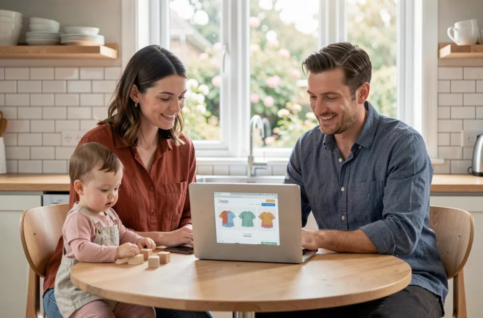 Deux parents consultant des avis en ligne sur Jolis Mômes depuis leur cuisine pendant que leur enfant joue à proximité
