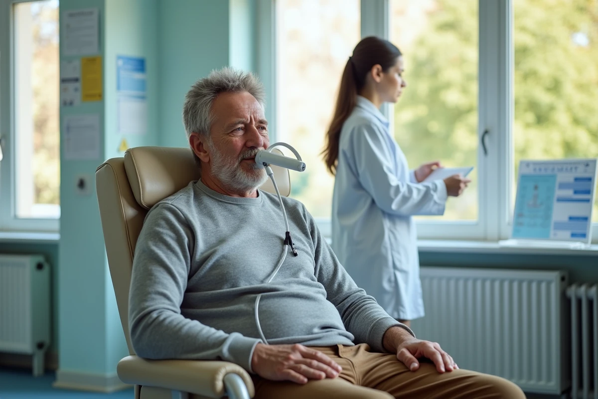 Patient homme utilise un appareil respiratoire en clinique