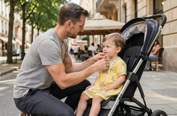 Père ajustant la tenue de son enfant dans une poussette en rue, témoignage visuel sur la qualité des vêtements Jolis Mômes