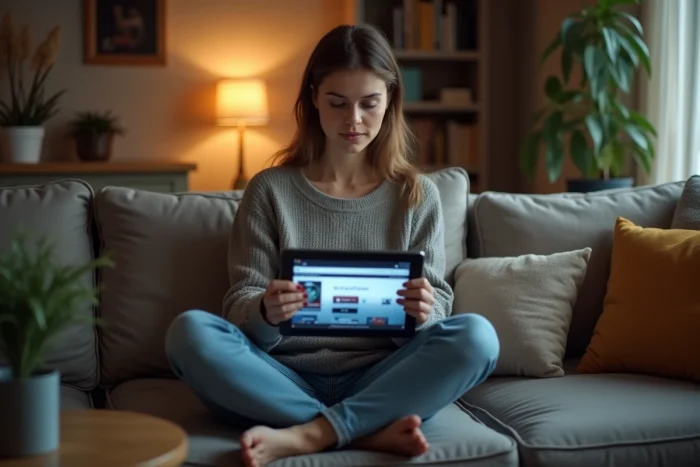 Femme parcourant un site de piratage sur sa tablette dans un salon d'appartement français