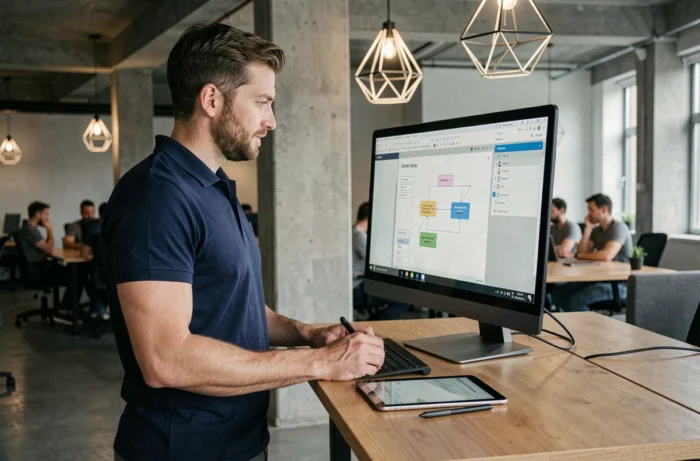 Professionnel du digital travaillant sur un projet de design UX dans un espace de coworking moderne
