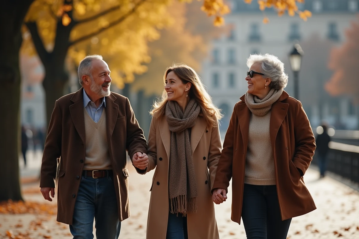 MarieAline et ses parents en promenade automnale en ville