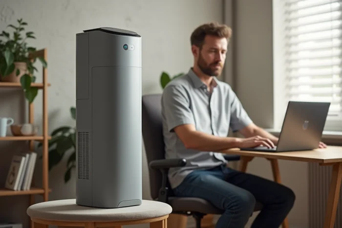 Homme travaillant à domicile avec un rafraîchisseur d'air tour portable dans un bureau moderne