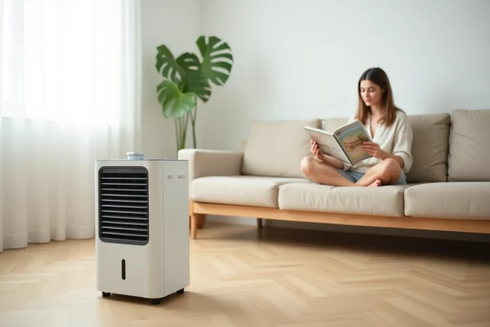 Femme détendue dans un salon estival utilisant un rafraîchisseur d'air évaporatif blanc posé sur parquet en bois