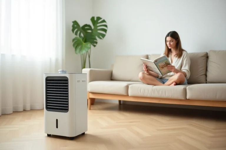 Femme détendue dans un salon estival utilisant un rafraîchisseur d'air évaporatif blanc posé sur parquet en bois