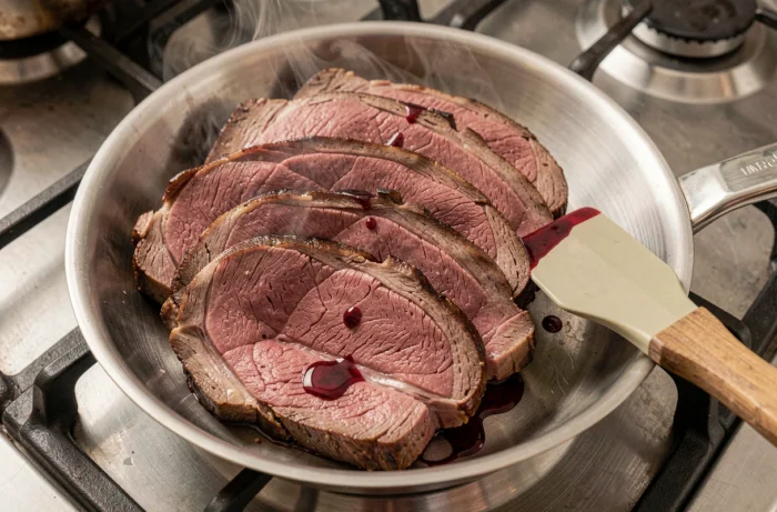 Gros plan de tranches de rosbeef réchauffées à la poêle avec un fond de jus pour conserver leur moelleux