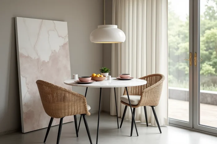 Coin salle à manger stylisé avec table en marbre ronde, chaises en rotin et tableau abstrait pour une décoration intérieure tendance