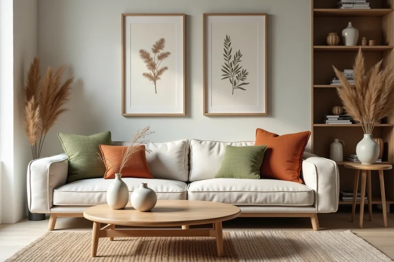 Salon moderne décoré avec un canapé en lin, des coussins terracotta et une étagère bibliothèque stylisée pour une inspiration décoration intérieure