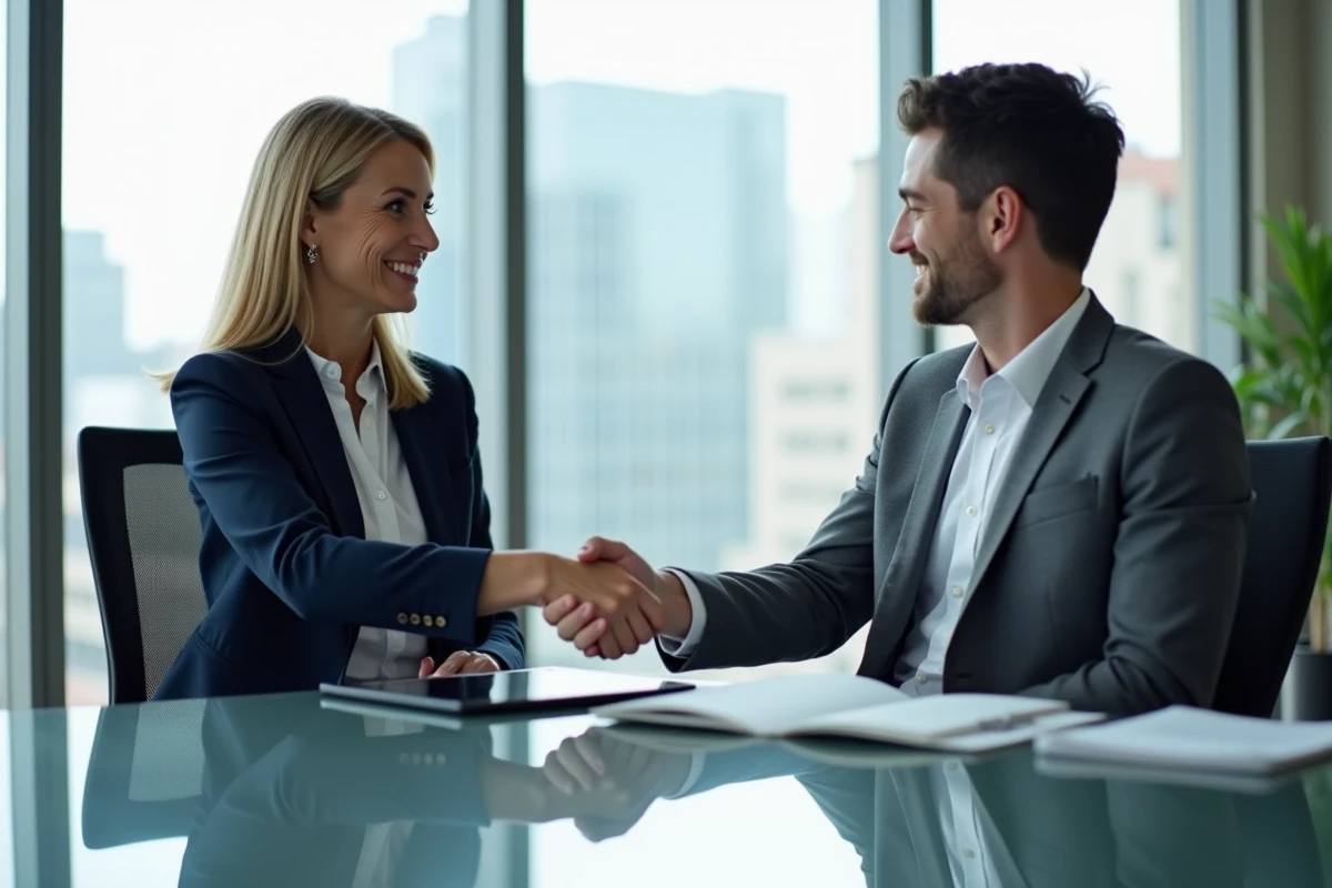 Serrage de main entre deux cadres dans un bureau moderne