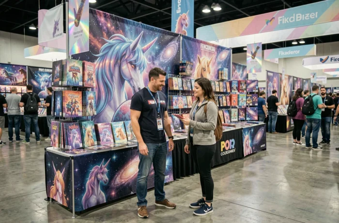 Stand de convention dédié à Licorne Cosmique avec affiches galactiques et merchandising holographique
