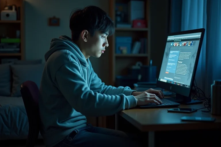 Jeune homme consultant un site de téléchargement illégal sur son ordinateur portable dans un appartement sombre
