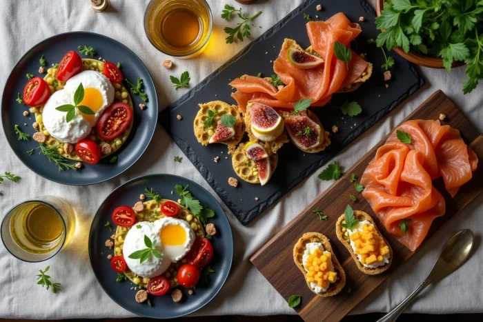 Vue de dessus d'une table dressée avec des petites assiettes de tapas modernes, burrata, saumon fumé et charcuterie sur fond de lin naturel