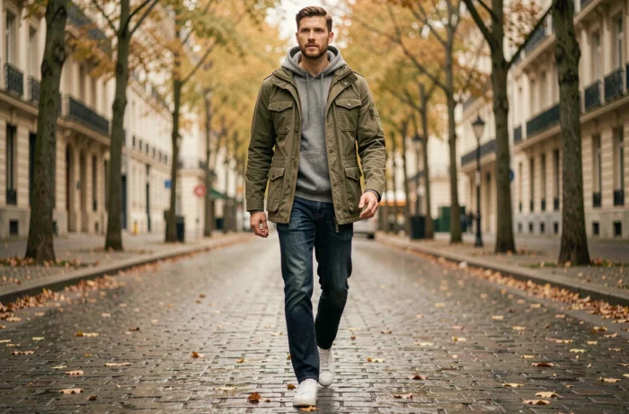 Homme stylé en veste utilitaire olive et jean droit marchant sur un boulevard pavé parisien en automne