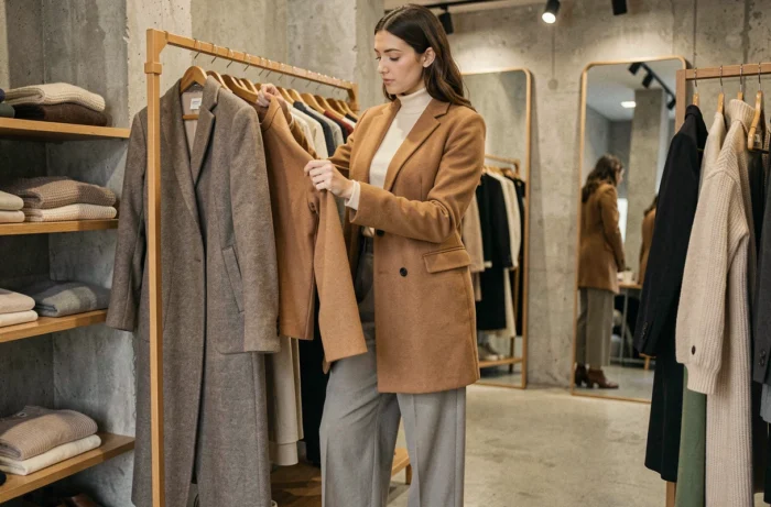 Jeune femme en manteau camel tendance parcourant un portant de vêtements dans une boutique de mode parisienne minimaliste