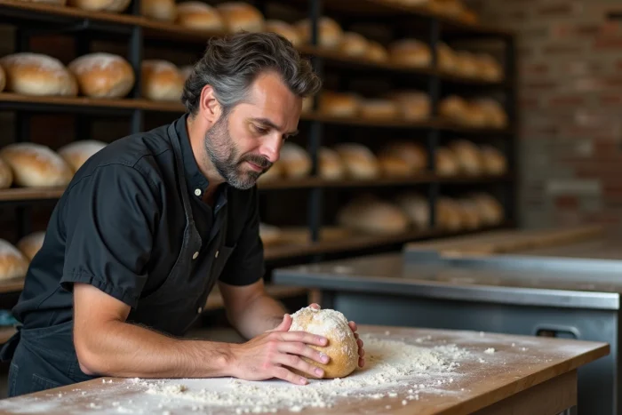 Boulanger artisan pétrissant une pâte à pain au levain sur un plan de travail en bois dans une boulangerie traditionnelle
