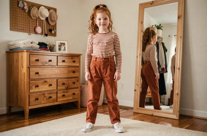 Fille de 10 ans portant une tenue tendance devant un miroir dans sa chambre