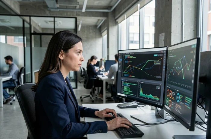 Professionnelle en cybersécurité analysant un tableau de bord de sécurité web sur deux écrans dans un bureau moderne