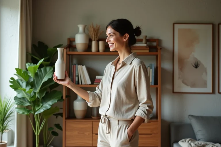 Femme arrangeant des vases dans un salon moderne